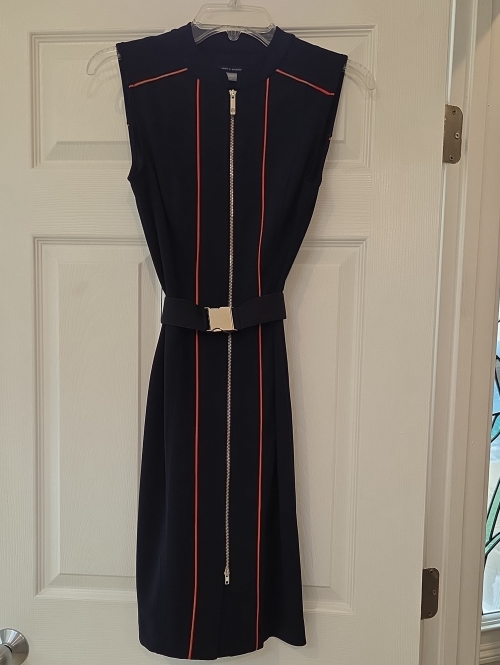 Tommy Hilfiger Navy Midi Dress with Red Piping & Front Zip w/ Detachable Belt.